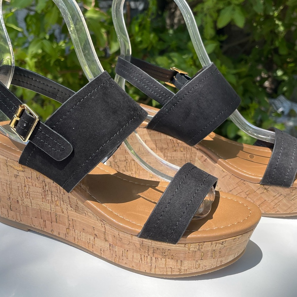 Last 9!  CALEB-42 Black Ankle Strap Slingback Chunky Platform Cork Heel Sandal - Picture 8 of 10